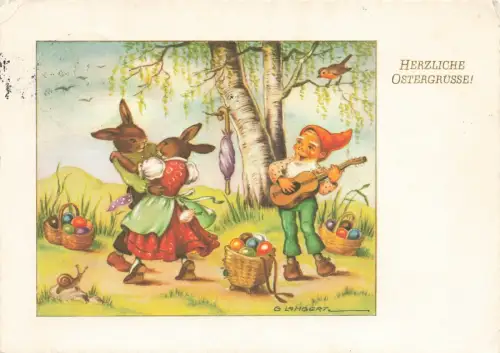AK Ostergrüsse tanzende Hasen Zwerg mit Gitarre Postkarte