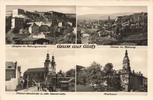 AK Glatz Kłodzko Collage Rathaus Steinbrücke Schlesien ungelaufen Postkarte