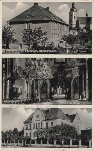 AK Kranstädt Krankenhaus Kirche Schule Oberschlesien 1942 gelaufen Postkarte