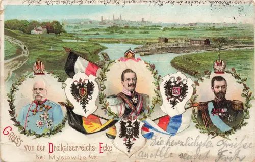 AK Myslowitz Dreikaiserreichs Ecke Kaiser Oberschlesien 1900 Postkarte Litho