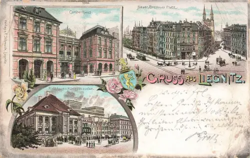 AK Liegnitz Breslauer Platz Konzerthaus Rathaus Schlesien 1897 Postkarte Litho