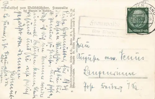 AK Frauwalde bei Wurzen Gasthof Waldschlösschen Sachsen 1939 gelaufen Postkarte