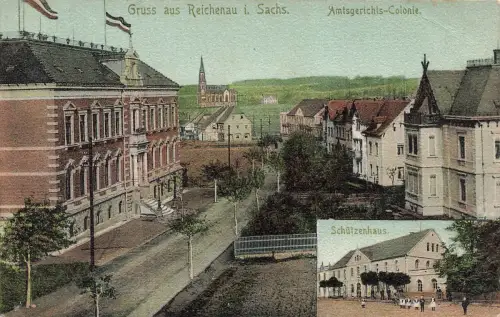 AK Reichenau Amtsgericht Colonie Schützenhaus Sachsen gelaufen Postkarte