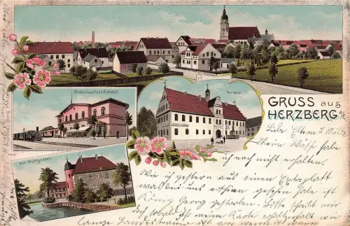 AK Herzberg Elster Bahnhof Rathaus Mühlgraben Brandenburg 1904 Postkarte Litho