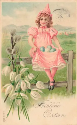 AK Ostern Mädchen Ostereier Schneeglöckchen 1908 gelaufen Postkarte geprägt
