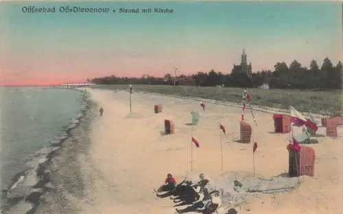 AK Ost Dievenow Ostseebad Strand Kirche Pommern ungelaufen Postkarte