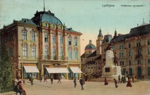 AK Ljubljana Prešerenplatz Prešeren Denkmal gelaufen Slowenien Postkarte