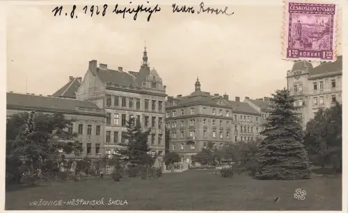 AK Prag Vrsovice Bürgerschule Schulgebäude Tschechien 1928 gelaufen Postkarte
