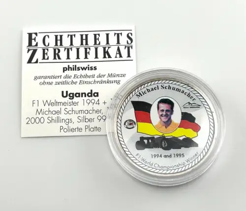 Uganda 2000 Shilling 1997 Michael Schumacher Formel I Silber PP Zertifikat Farbmünze