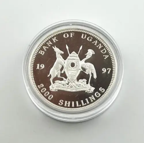 Uganda 2000 Shilling 1997 Michael Schumacher Formel I Silber PP Zertifikat Farbmünze
