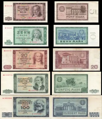 Orig. DDR Banknoten Satz 5, 10, 20, 50 und 100 Mark 1964