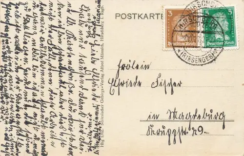 AK Hirschberg Jägerdenkmal Riesengebirge Schlesien 1927 gelaufen Postkarte