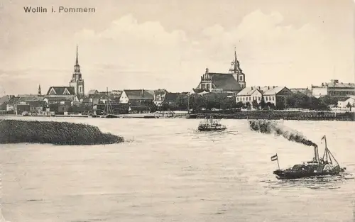 AK Wollin Stadtansicht Hafen Kirche Dampfer Pommern ungelaufen Postkarte