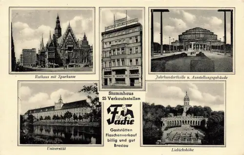 AK Breslau Rathaus Universität Liebiechshöhe Werbekarte Schlesien 1939 Postkarte