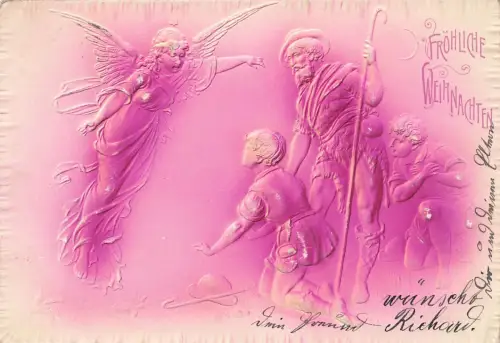 AK Weihnachten Fröhliche Weihnachten Engel Hirten 1903 geprägt Postkarte