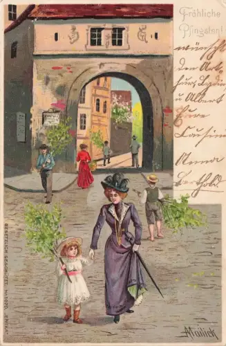 AK Pfingsten Künstlerkarte Mailick Fröhliche Pfingsten Mutter Kind 1903