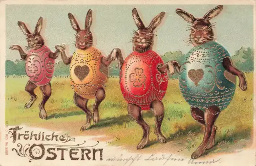 AK Ostern Fröhliche Osterhasen tanzen Ostereier 1905 geprägt Postkarte
