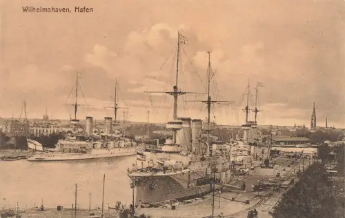 AK Wilhelmshaven Hafen Kriegsschiffe Niedersachsen 1915 gelaufen Postkarte