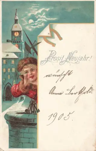 AK Neujahr Prosit Neujahr Kind Turm Mond Glückssymbole 1905 gelaufen Postkarte