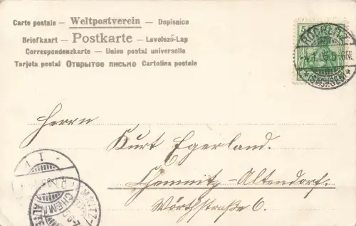 AK Neujahr Prosit Neujahr Kind Turm Mond Glückssymbole 1905 gelaufen Postkarte