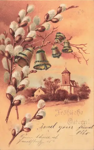 AK Ostern Fröhliche Ostern Weidenkätzchen Kirche Osterglocken 1901 Postkarte