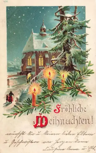 AK Weihnachten Fröhliche Weihnachten Winterlandschaft Kerzen 1904 Postkarte