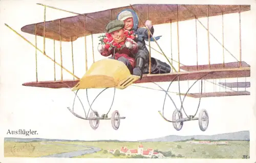 AK Ausflügler Luftbummler Eindecker Flugzeug Künstlerkarte K. Feiertag 313-1