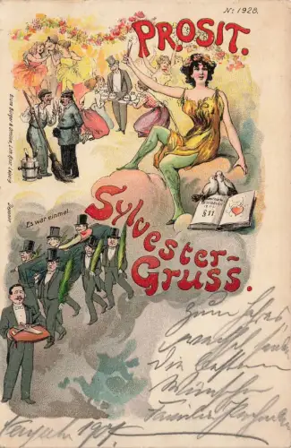 AK Neujahr Prosit Silvester Gruss Tanzende Gesellschaft 1900 gelaufen Postkarte