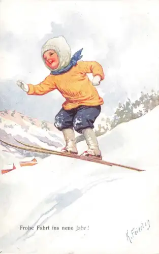 AK Neujahr Frohe Fahrt Bube Schlittenfahrt Winter Künstlerkarte K. Feiertag Nr 4