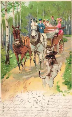 AK Pfingsen Fröhliche Pfingsten Pferde Kutsche Familienausflug 1904 Postkarte