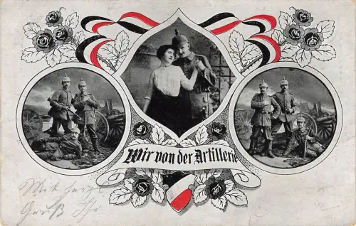 AK 1.WK Wir von der Artillerie Soldaten Frau Reichsfahne 1917 Patriotika