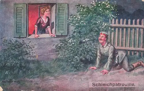 AK 1.WK Schleichpatrouille Soldat Frau Ad. Hoffmann 1917 gelaufen Patriotika