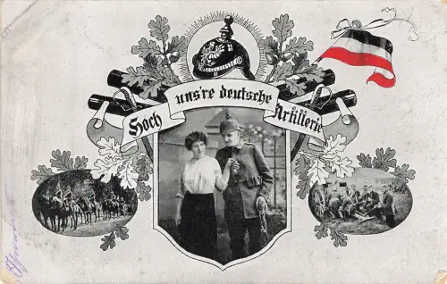 AK 1.WK Hoch unsre deutsche Artillerie Soldat Frau 1917 Patriotika Postkarte