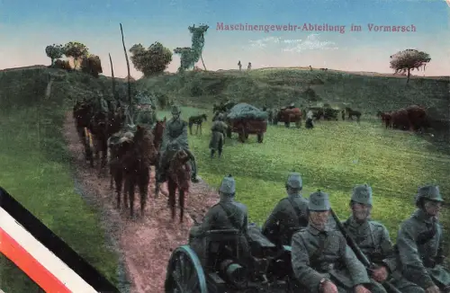 AK 1.WK Maschinengewehr Abteilung im Vormarsch Soldaten 1918 gelaufen Patriotika