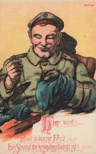 AK 1.WK Soldat näht Strumpf Spruchkarte ungelaufen Patriotika Postkarte