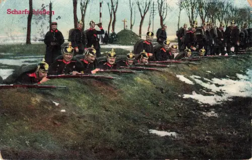 AK 1.WK Scharfschießen Soldaten Pickelhaube 1912 gelaufen Patriotika Postkarte