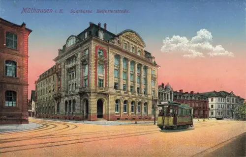 AK Mülhausen Sparkasse Belfortstraße Straßenbahn Frankreich ungelaufen Postkarte