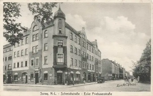 AK Sorau N.-L Schmidtstraße Ecke Priebuserstraße Polen 1929 gelaufen Postkarte