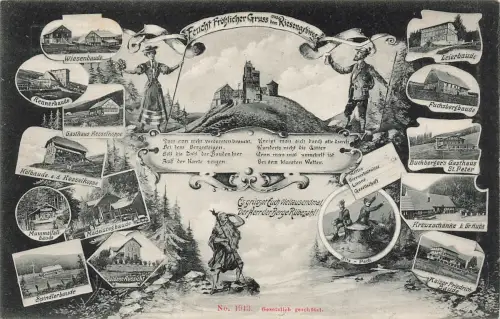 AK Riesengebirge Mehrbildkarte Berghütten Wanderern Schlesien Postkarte