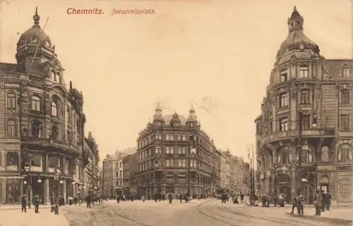AK Chemnitz Johannisplatz Hotel Straßenbahn Sachsen 1916 gelaufen Feldpostkarte