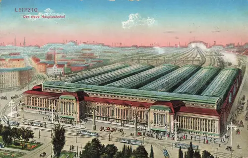 AK Leipzig Hauptbahnhof Straßenbahnen Zuggleisen Sachsen 1914 gelaufen Postkarte