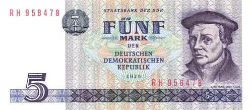 DDR Banknote 5 Mark 1975 Thomas Müntzer Ro: 361 KASSENFRISCH / UNC