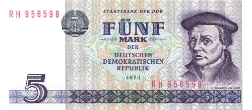 DDR Banknote 5 Mark 1975 Thomas Müntzer Ro: 361 KASSENFRISCH / UNC