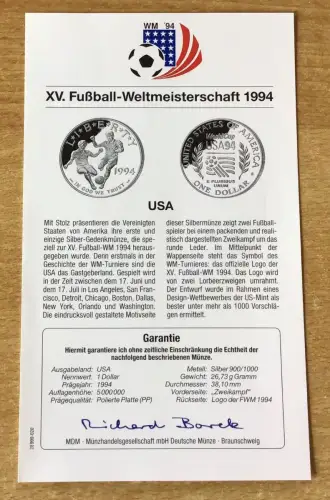 USA 1 Dollar 1994 Zweikampf Fußball PP Silbermünze Mit Zertifikat