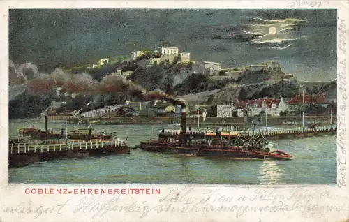 AK Ehrenbreitstein Festung Rhein Dampfschiff Mond Rheinland-Pfalz 1902 Postkarte