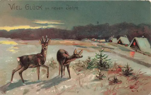 AK Neujahr Viel Glück zum neuen Jahre Rehe Winter 1909 geprägt Postkarte