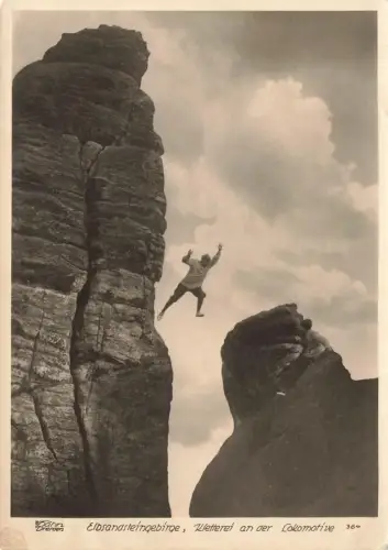 AK Elbsandsteingebirge Kletterei an der Lokomotive Sachsen Hahn 1953 gelaufen