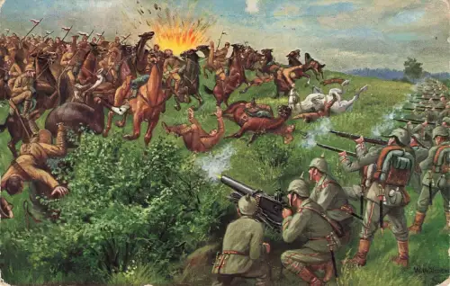 AK 1.WK Kampf gegen Engl. Kavallerie Soldaten Maschinengewehr 1915 Patriotika