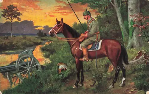 AK 1.WK Auf Vorposten Soldat Pferd Feldkanone 1915 gelaufen Patriotika Postkarte