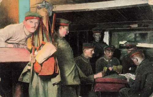AK 1.WK Skat spielen Soldaten Unterstand 1916 gelaufen Patriotika Postkarte